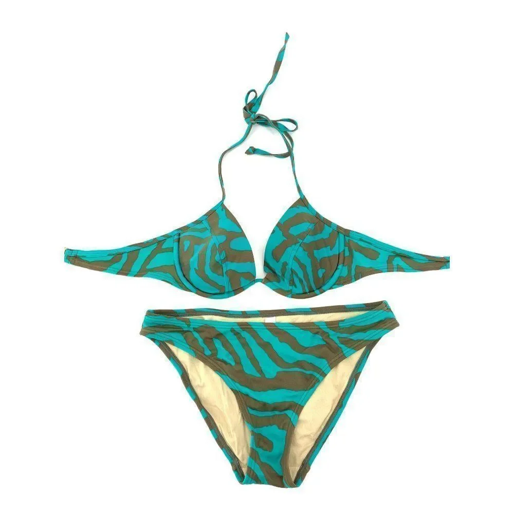 Womens Victoria Secret Bikini 2-piece High Rise Bottom Small Bra 34C Animal 1035
